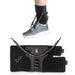 FootFlexor Ankle Foot Orthosis (AFO) shown both worn on a shoe and displayed flat. The brace wraps around the lower leg and foot, with elastic tension cords connecting the shin section to the shoe to help lift the foot during walking. Designed to assist with foot drop, improve gait, and provide ankle support while remaining lightweight and adjustable.