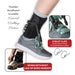 Close-up view of the FootFlexor Ankle Foot Orthosis worn with a lace-up athletic shoe. The image highlights how the brace provides dorsiflexion assistance to support a more natural walking motion. Insets show the eyelet clips that attach to shoe or boot laces, allowing compatibility with various footwear styles, including athletic shoes and work boots. Text notes that the system works with most lace-up shoes or boots, offering adjustable foot-lift support for individuals with foot drop.