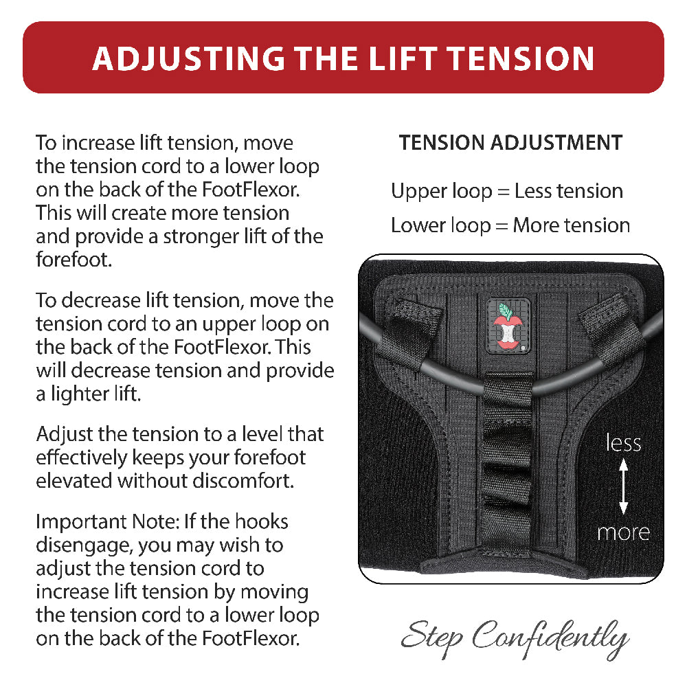 Instructional graphic titled “Adjusting the Lift Tension” for the FootFlexor® Ankle Foot Orthosis. The image explains how users can customize forefoot lift by repositioning the tension cord on a series of loops located on the back of the brace. Moving the cord to a lower loop increases tension and provides a stronger forefoot lift, while moving it to an upper loop decreases tension for a lighter lift. A close-up photo of the brace highlights the adjustment loops with arrows labeled “less” and “more” tension