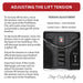 Instructional graphic titled “Adjusting the Lift Tension” for the FootFlexor® Ankle Foot Orthosis. The image explains how users can customize forefoot lift by repositioning the tension cord on a series of loops located on the back of the brace. Moving the cord to a lower loop increases tension and provides a stronger forefoot lift, while moving it to an upper loop decreases tension for a lighter lift. A close-up photo of the brace highlights the adjustment loops with arrows labeled “less” and “more” tension