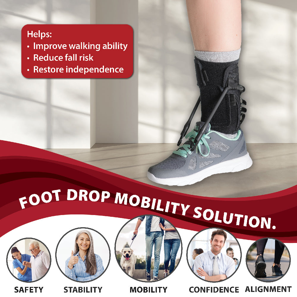 FootFlexor Ankle Foot Orthosis worn with an athletic shoe, demonstrating a foot drop support system designed to improve walking mechanics. Text highlights key benefits: improving walking ability, reducing fall risk, and restoring independence. A banner reads “Foot Drop Mobility Solution,” with icons representing safety, stability, mobility, confidence, and alignment. The brace uses adjustable tension cords to assist foot lift during walking and promote a more natural gait pattern.