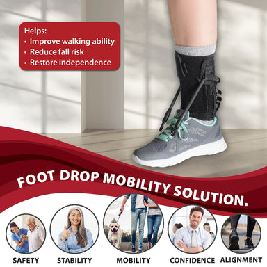 FootFlexor Ankle Foot Orthosis worn with an athletic shoe, demonstrating a foot drop support system designed to improve walking mechanics. Text highlights key benefits: improving walking ability, reducing fall risk, and restoring independence. A banner reads “Foot Drop Mobility Solution,” with icons representing safety, stability, mobility, confidence, and alignment. The brace uses adjustable tension cords to assist foot lift during walking and promote a more natural gait pattern.