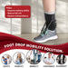 FootFlexor Ankle Foot Orthosis worn with an athletic shoe, demonstrating a foot drop support system designed to improve walking mechanics. Text highlights key benefits: improving walking ability, reducing fall risk, and restoring independence. A banner reads “Foot Drop Mobility Solution,” with icons representing safety, stability, mobility, confidence, and alignment. The brace uses adjustable tension cords to assist foot lift during walking and promote a more natural gait pattern.