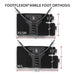 Sizing chart for the FootFlexor® Ankle Foot Orthosis showing two available sizes. The XS/SM model measures approximately 14 inches wide by 7 inches tall, while the M/L model measures approximately 16.5 inches wide by 7 inches tall. Both versions feature the same semi-rigid center panel, adjustable wraparound closure, and tension-cord attachment system. Additional callouts indicate a 2.5-inch upper strap section and a 4-inch lower strap section. The image highlights the dimensional differences between sizes 