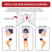 Ergonomic support Bowtie pillow designed for side and back sleeping with contoured side wings and center neck support. Visible text includes “IDEAL FOR SIDE OR BACK SLEEPING,” “For back sleeping, rest neck on center of the pillow,” and “For side sleeping, rest neck on right or left wing of pillow.” Illustrations demonstrate proper sleeping positions to promote spinal alignment, neck support, and improved sleep comfort.