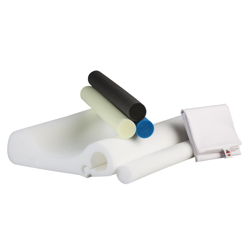Core Products Double Core Select Foam Cervical neck support pillow with contoured white foam base, removable cylindrical inserts in multiple firmness levels (black, blue, and gold, white), and a soft white pillowcase. Designed for customizable neck alignment, pressure relief, and ergonomic sleep support.