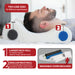 Ergonomic cervical pillow with adjustable neck roll sizes shown supporting a man lying on his back. Graphic text reads “Two Lobe Sizes for different sized sleepers,” with options for a larger neck roll for maximum support (ideal for longer, slender necks) and a smaller neck roll for adjustment periods (suitable for shorter, thicker necks). Includes washable cover and customizable foam inserts.