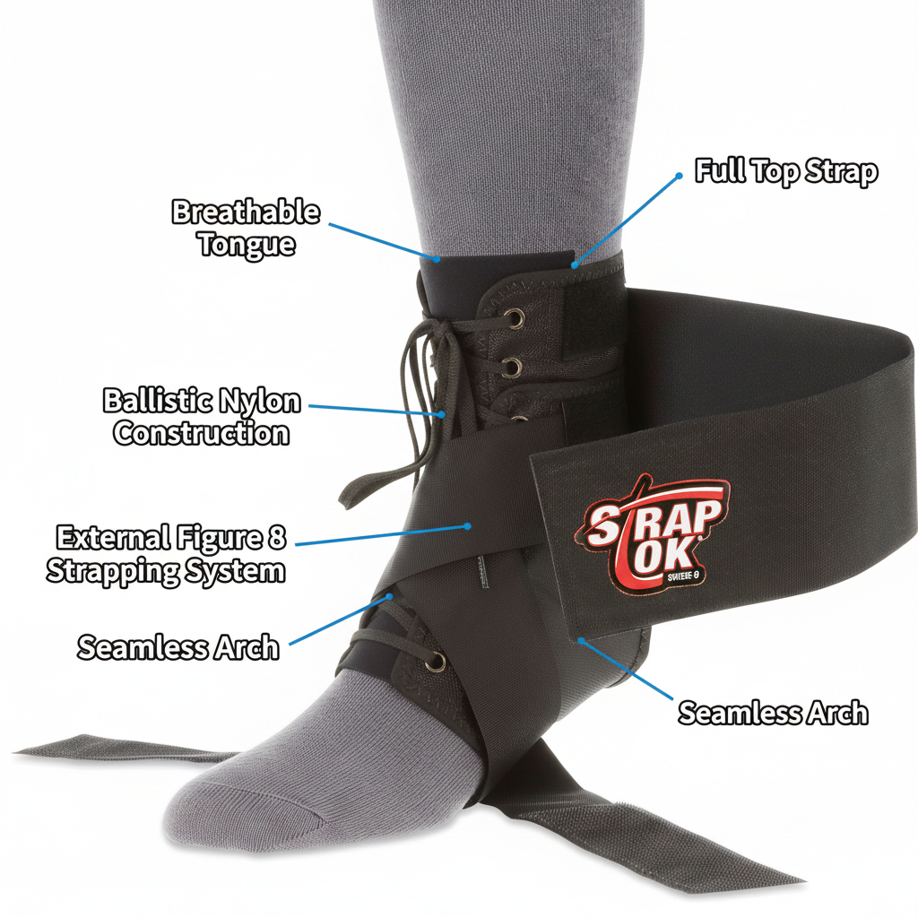 

Core Products StrapLok® Ankle Brace worn over a sock, featuring labeled design elements for ankle stabilization and injury support. Visible text includes: “Breathable Tongue,” “Full Top Strap,” “Ballistic Nylon Construction,” “External Figure 8 Strapping System,” “Seamless Arch,” and the StrapLok® logo. The image highlights key brace features designed to provide compression, support, and enhanced ankle stability during activity and recovery.
