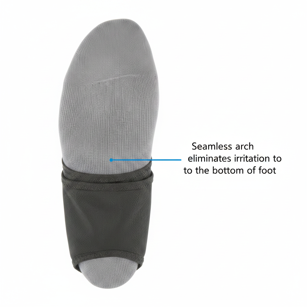 The bottom of a grey socked foot showcases the seamless under-arch design of a black Swede-O Inner Lok 8 Ankle Brace against a plain white background. The dark fabric of the supportive sleeve wraps tightly around the midfoot and heel, leaving the toes exposed. A blue pointer line highlights the arch area. The black text reads: "Seamless arch eliminates irritation to to the bottom of foot", pointing out the smooth construction built for superior athletic comfort.
